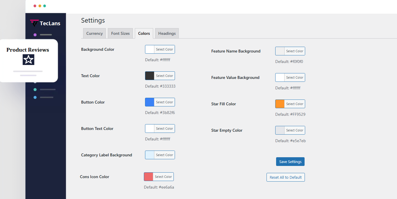 AJ product review plugin - Admin settings page