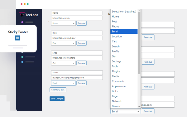 sticky iconic footer menu icon list